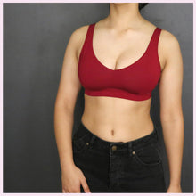 Load image into Gallery viewer, Front view of Miss Juliet Monika Sustainable Bamboo Bra in Cherry Model standing
